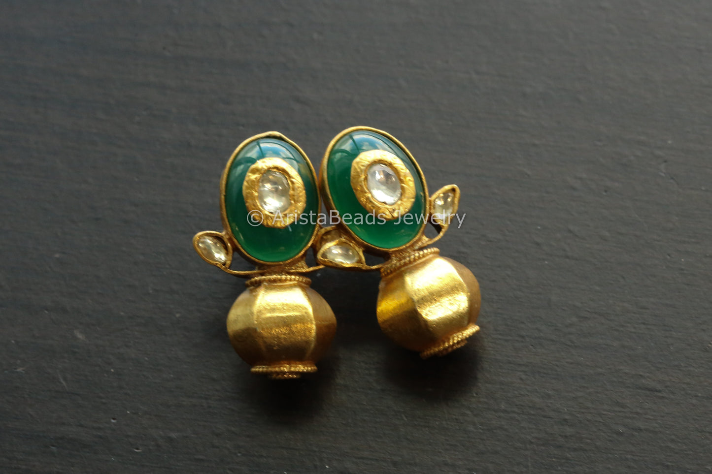 925 Sterling Silver Gold Jadau Earrings - Green Onyx