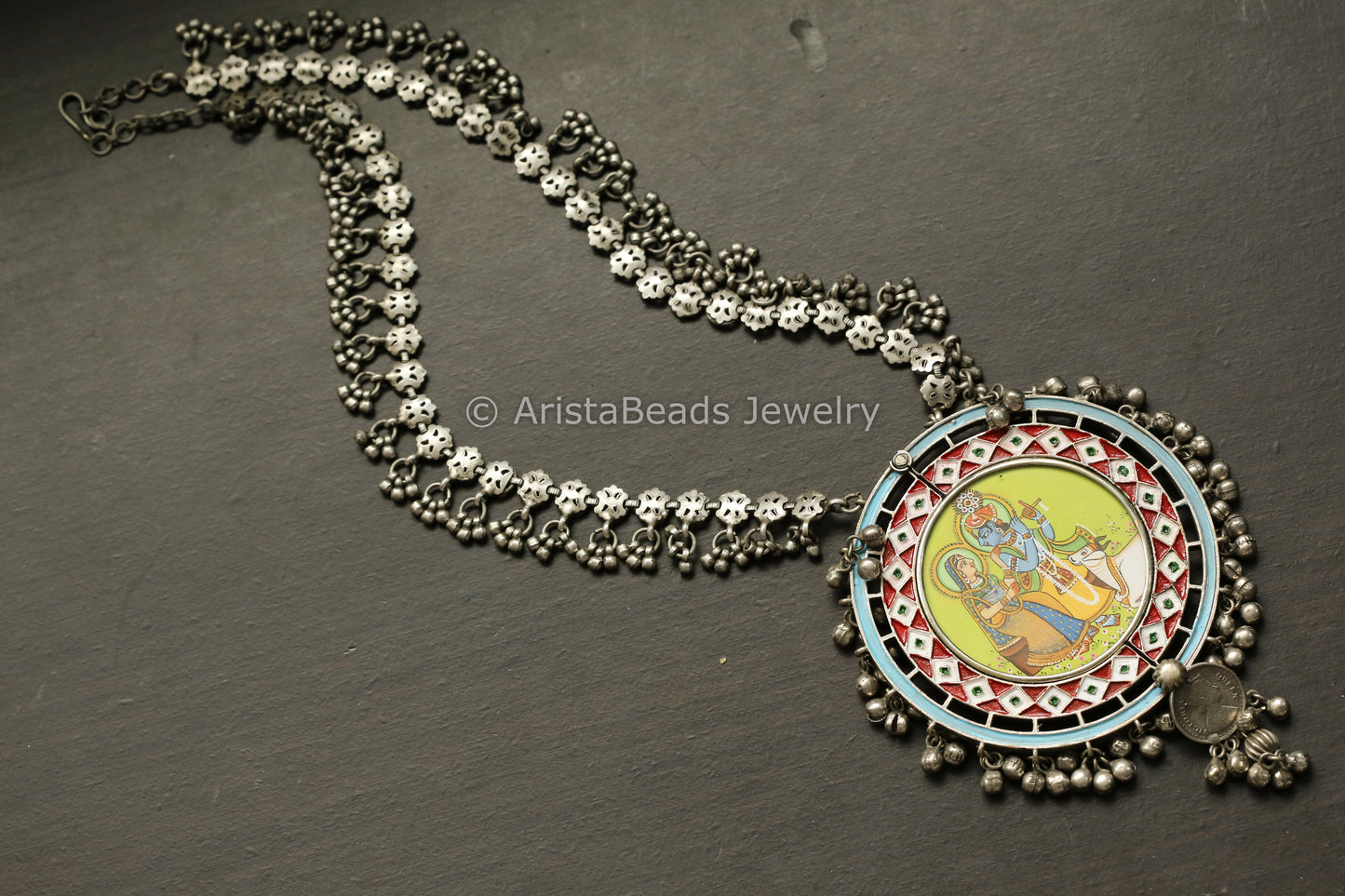 Oxidized Hand-Painted Enamel Necklace -Radha Krishna
