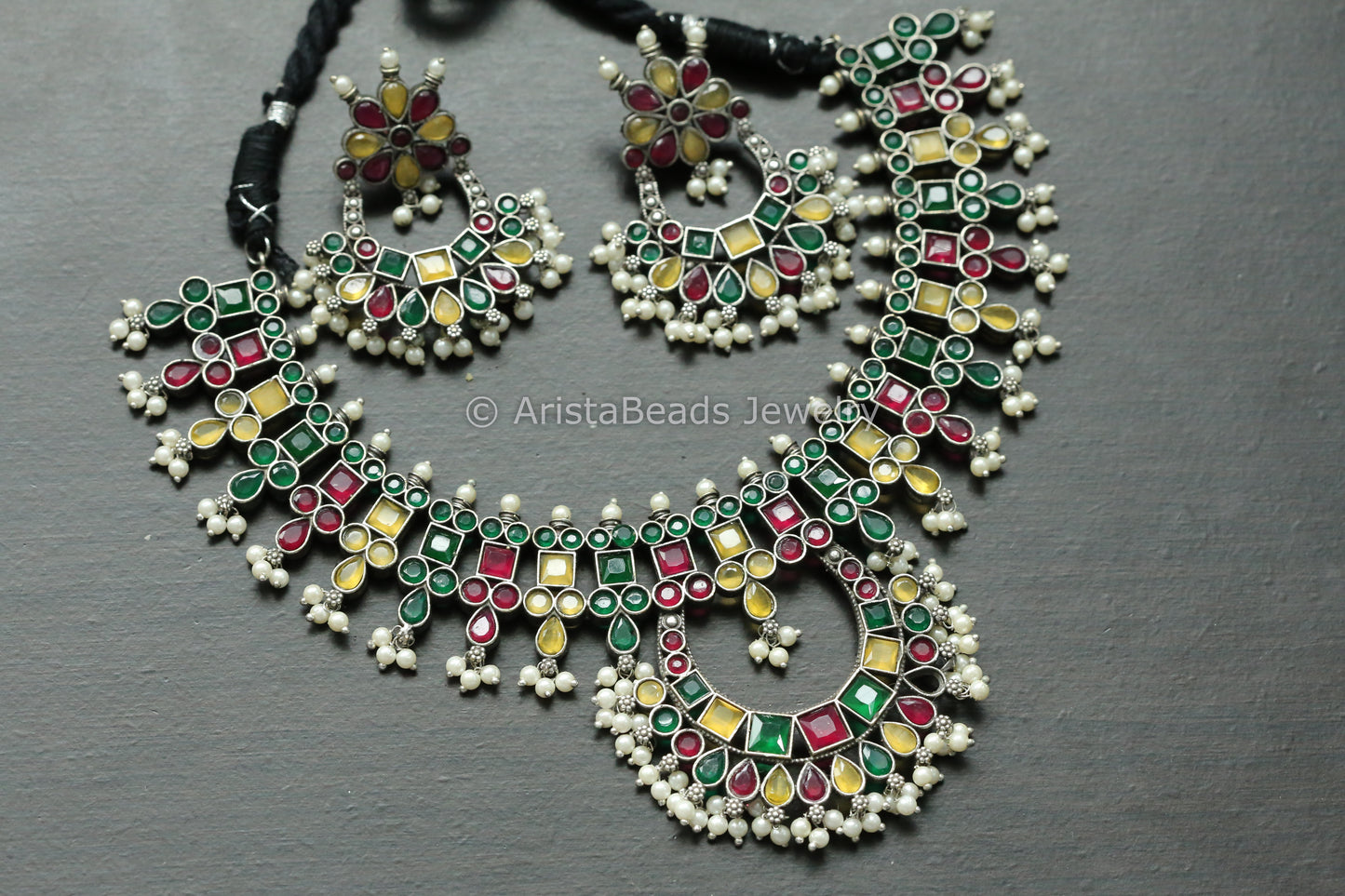 Yellow Green Red Oxidized Chandbaali Necklace Set
