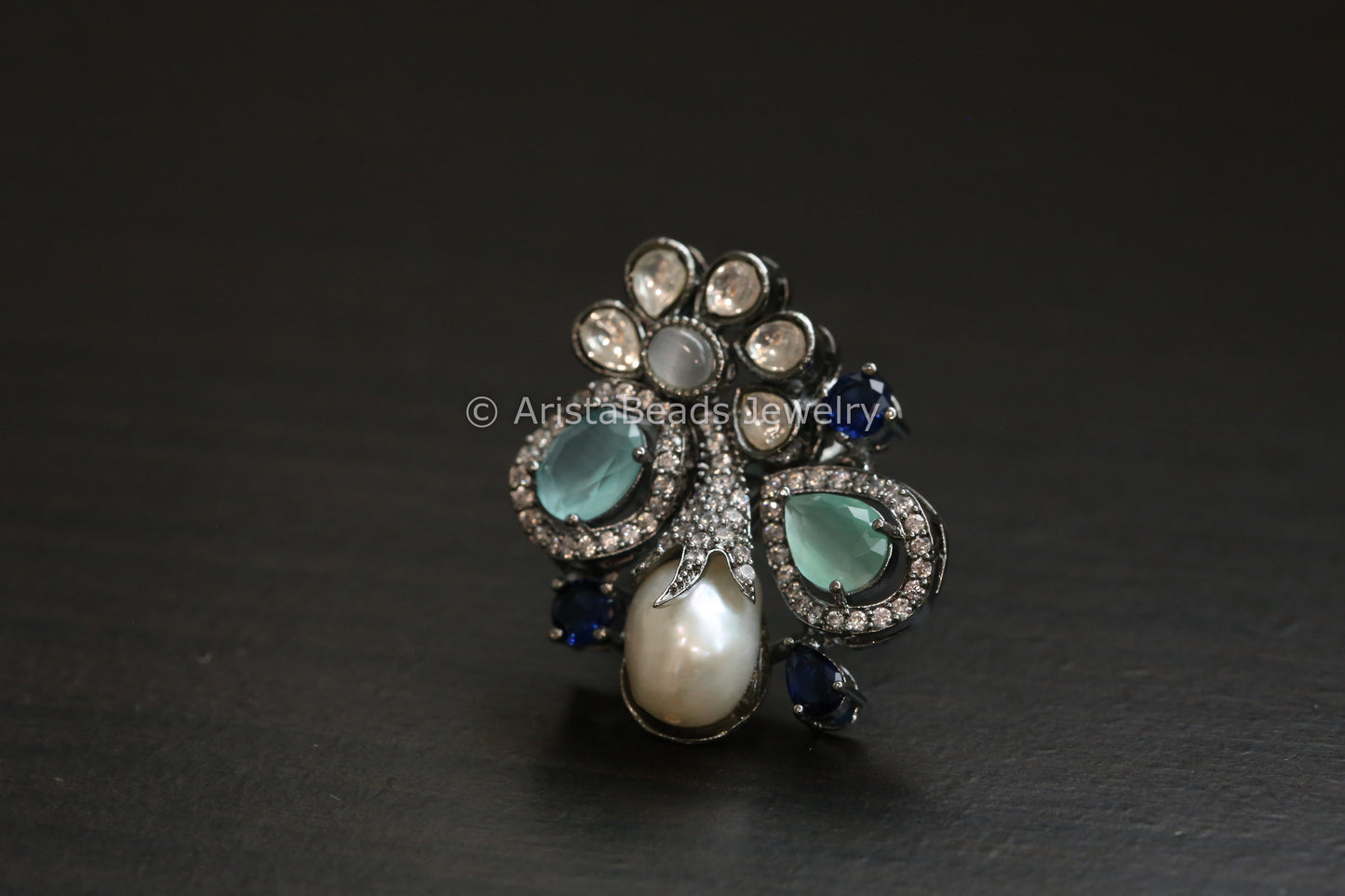 Baroque Pearl & Kundan Polki CZ Ring (Adjustable)