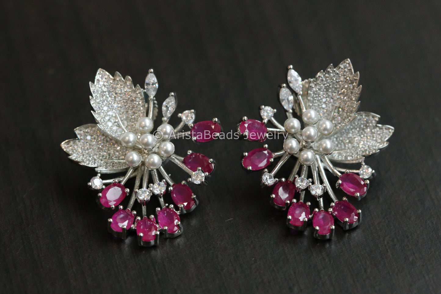 Contemporary CZ & Pearls Earrings - Ruby