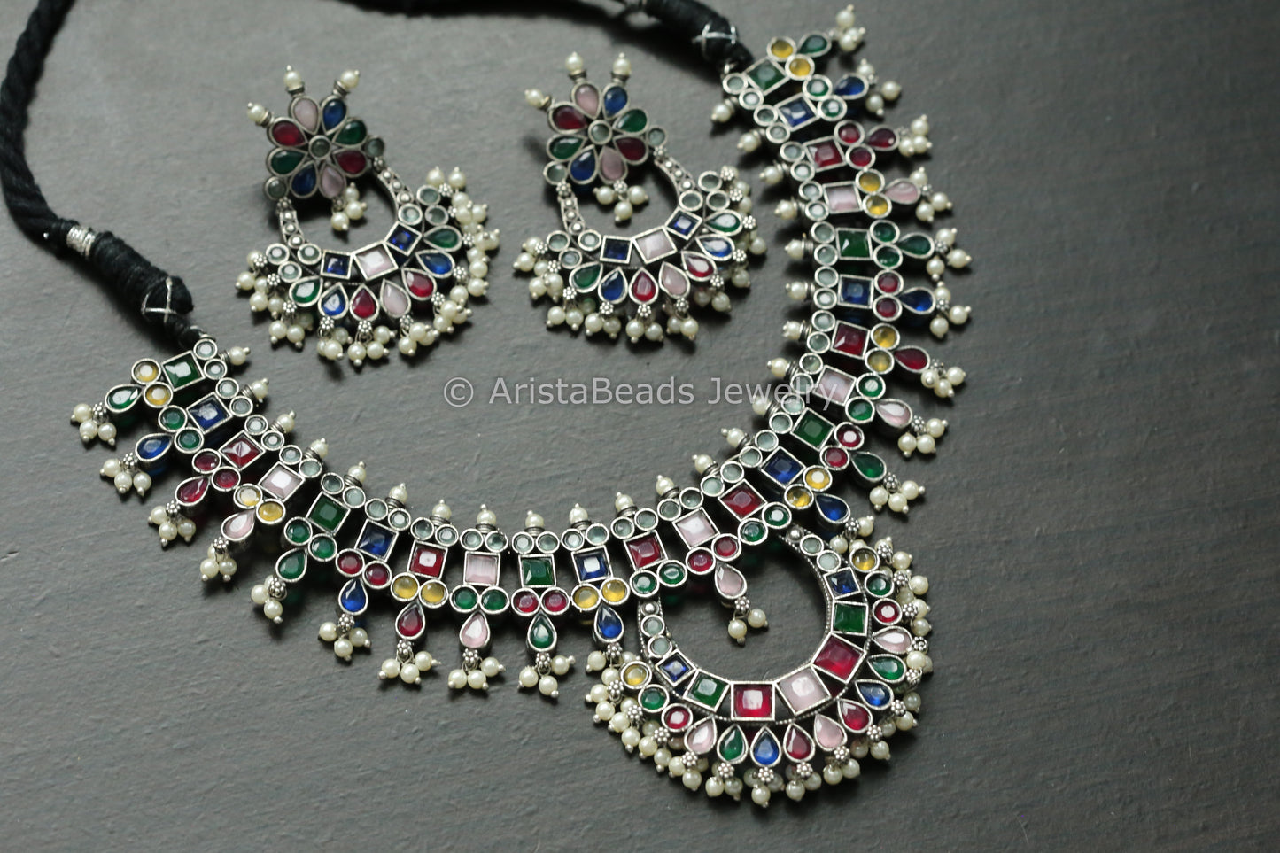 Multicolor Oxidized Chandbaali Necklace Set