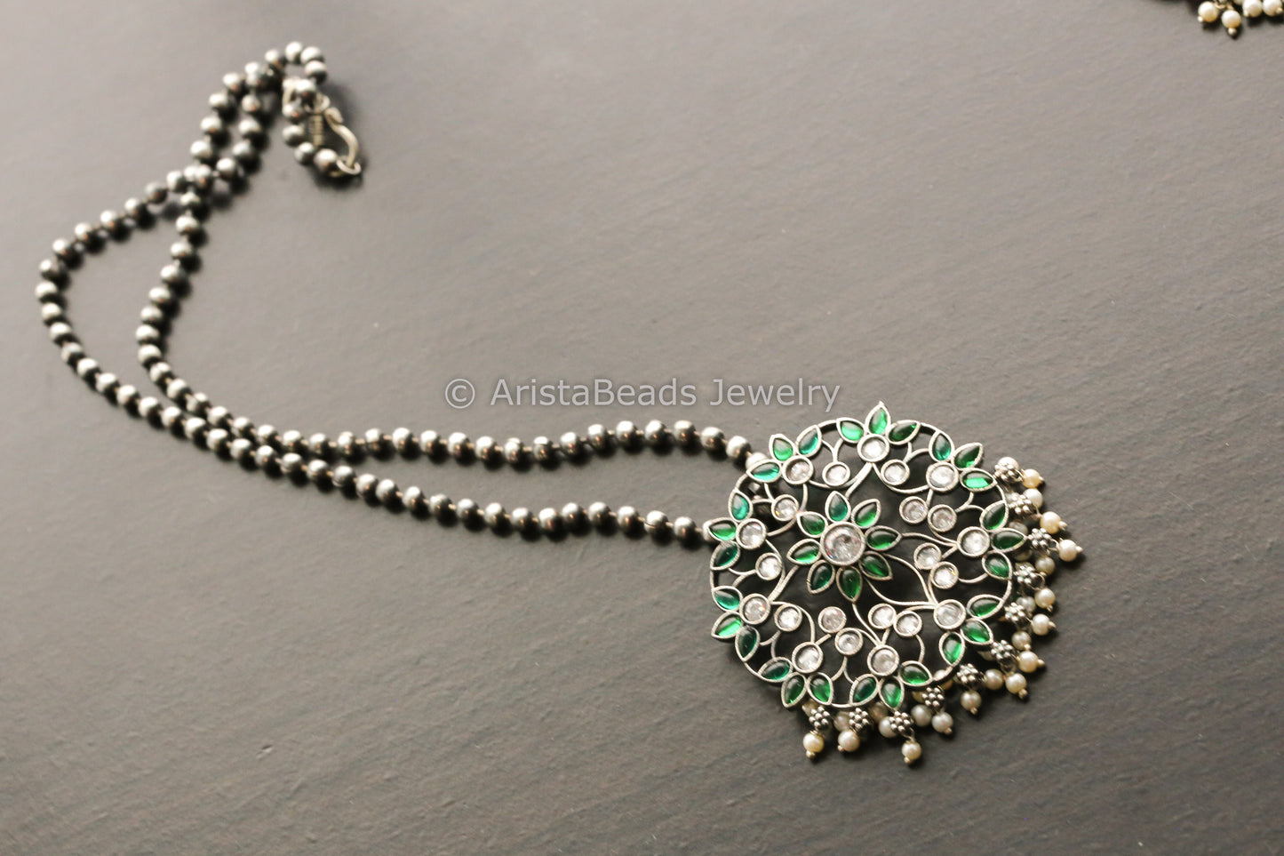 Silver Look Alike Kemp CZ Necklace -  Emerald