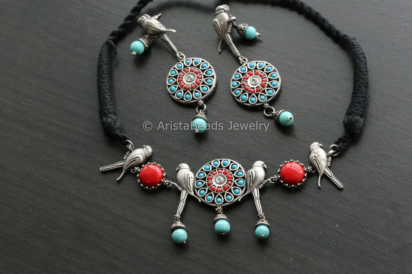Oxidized Turquoise Coral Parrot Necklace Set