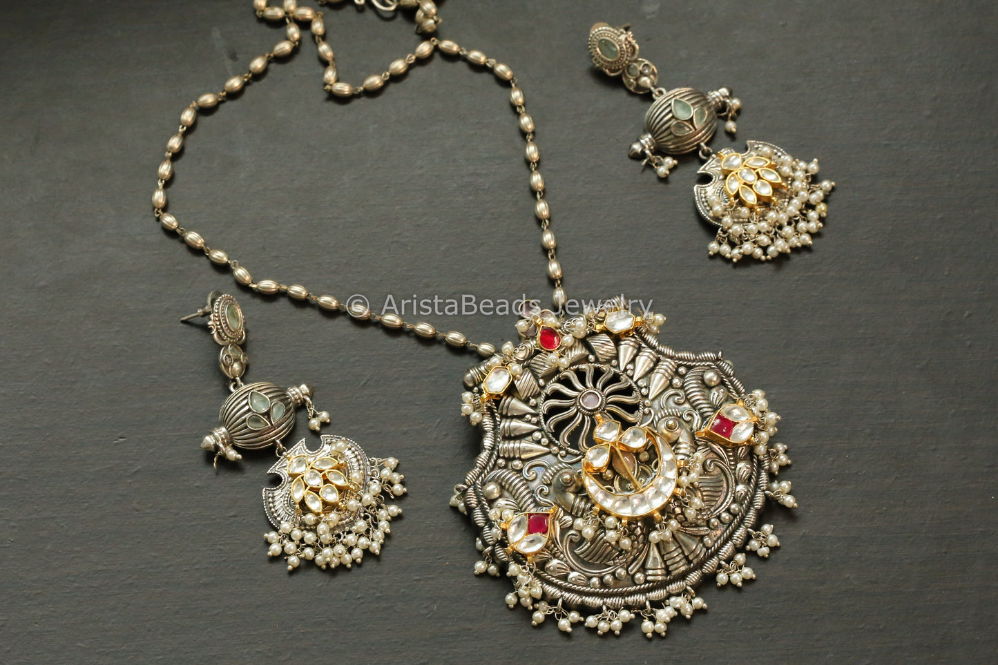 Brass Based Dual Tone Pachi Kundan Necklace Set - Clear