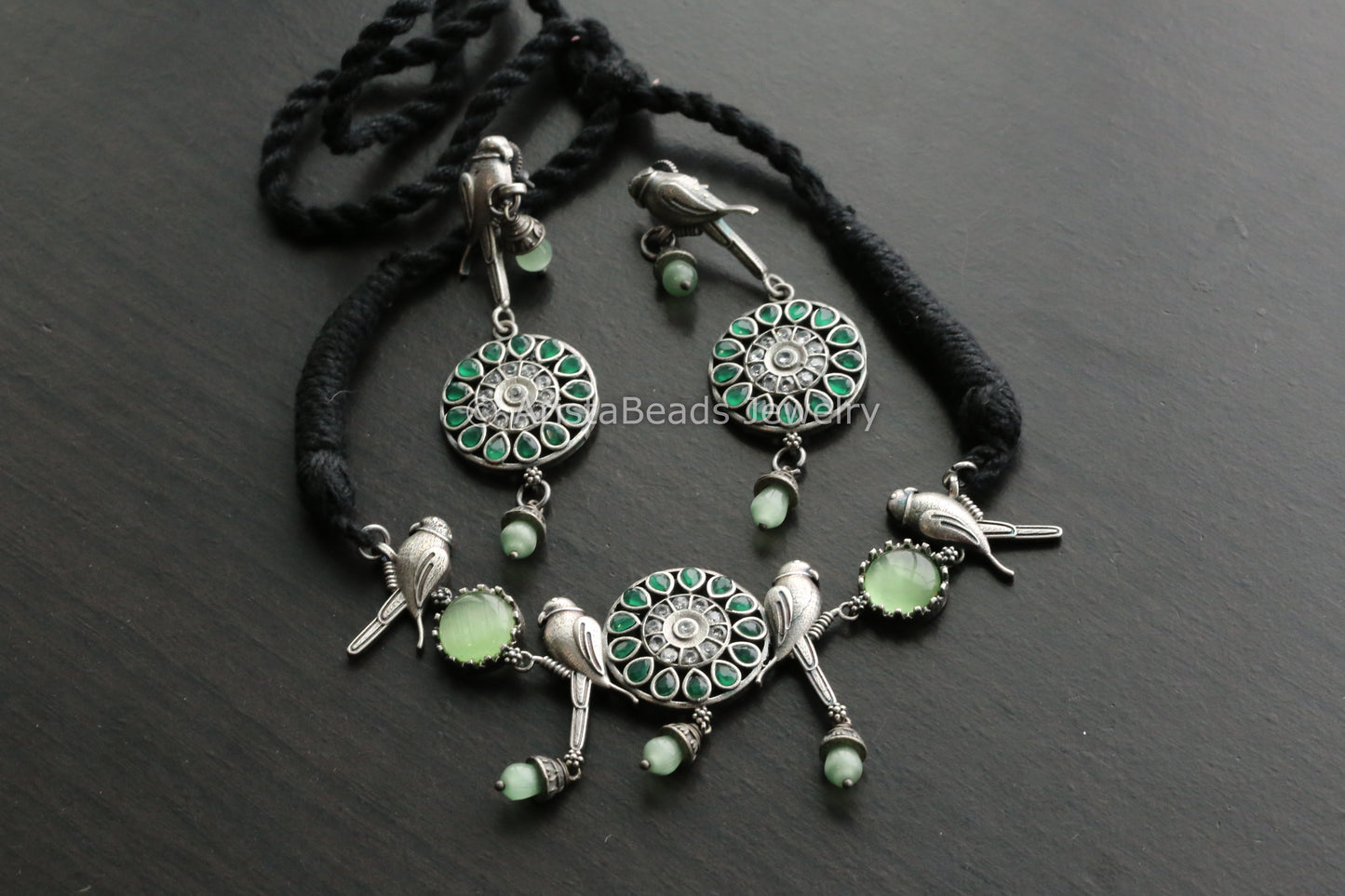 Oxidized Mint Green Parrot Necklace Set