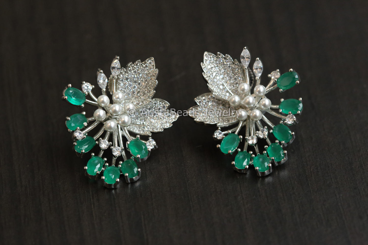 Contemporary CZ & Pearls Earrings - Emerald