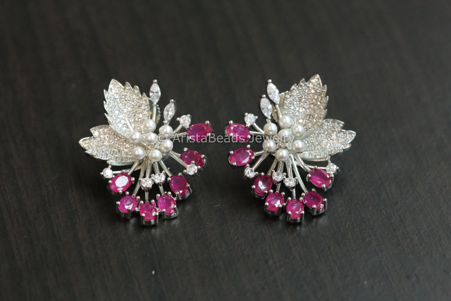 Contemporary CZ & Pearls Earrings - Ruby