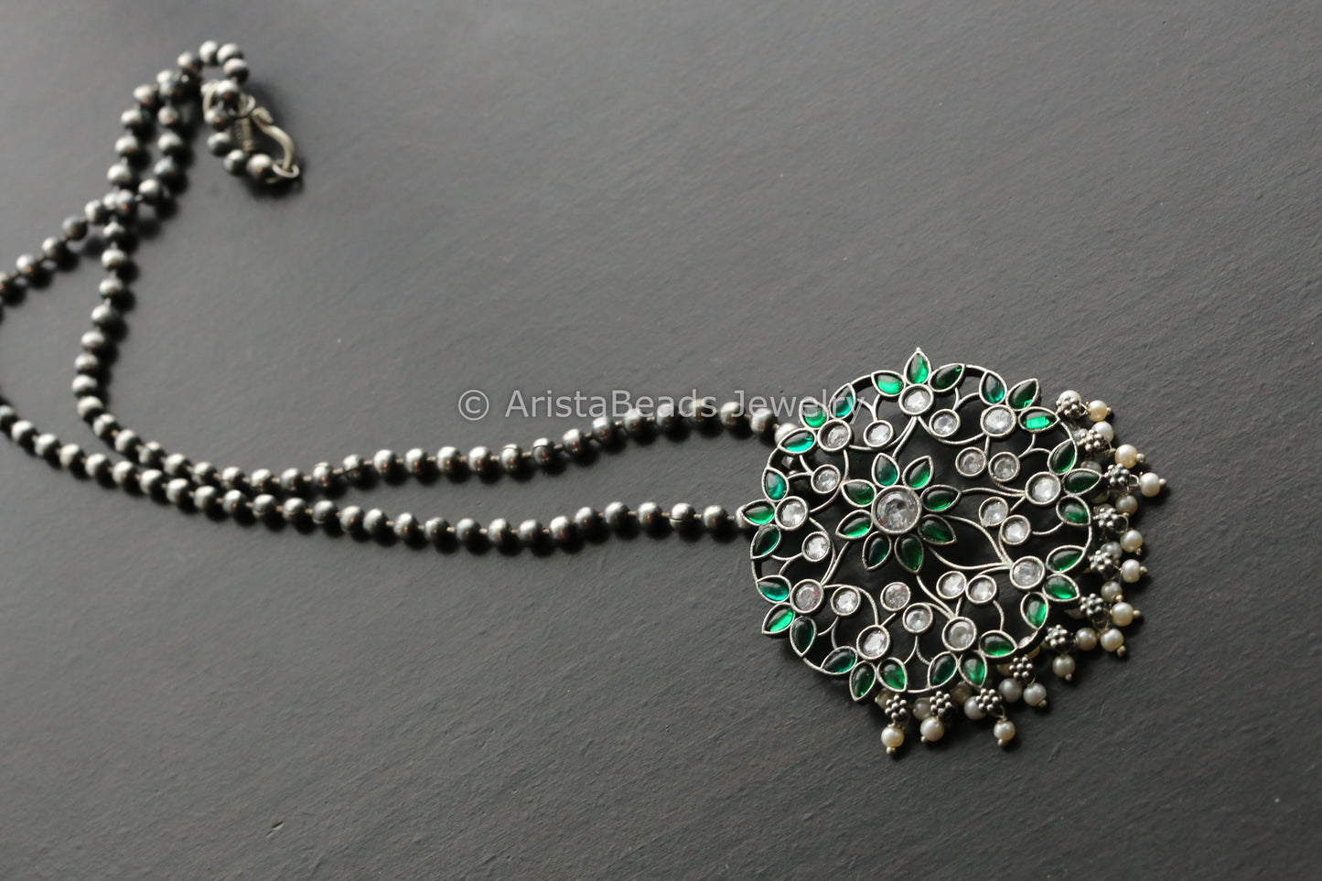 Silver Look Alike Kemp CZ Necklace -  Emerald