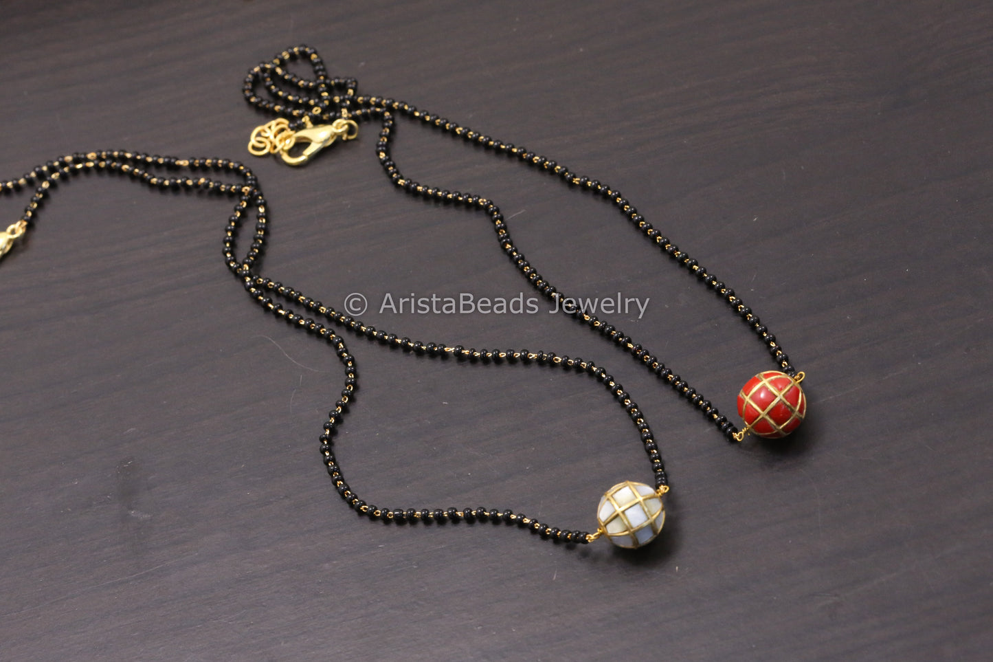 Jadau Black Bead Necklace - MOP/ Coral