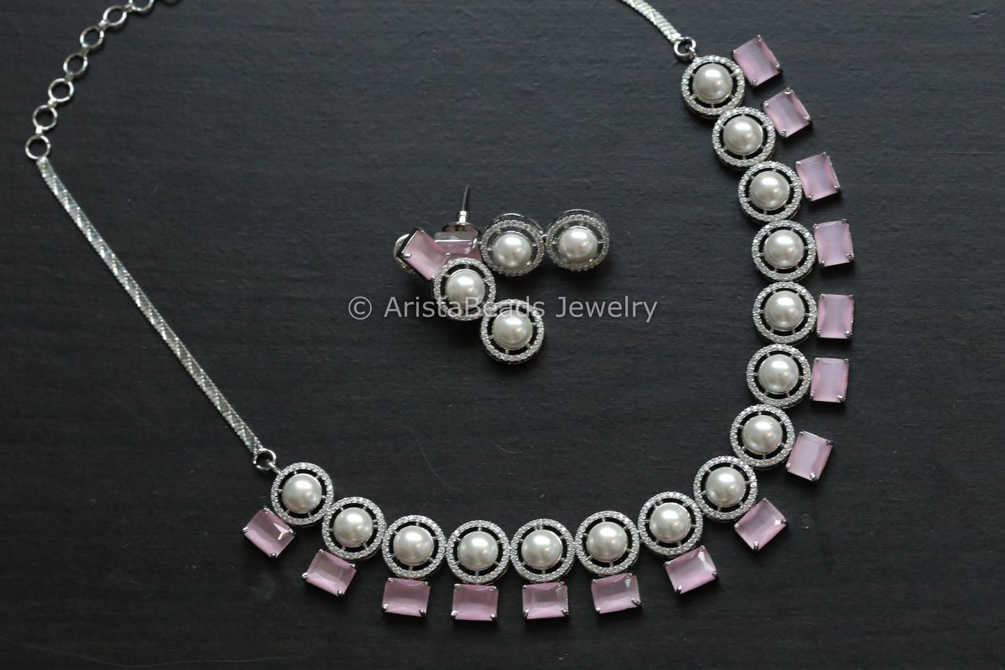 Premium Quality Pink CZ & Pearl Necklace Set