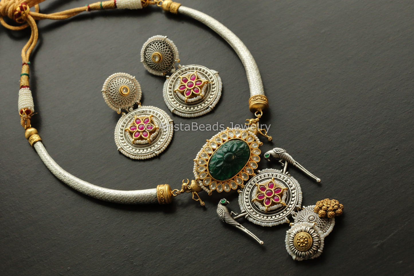 Real Silver Look Alike Kundan Hasli Necklace - Green Carved Stone