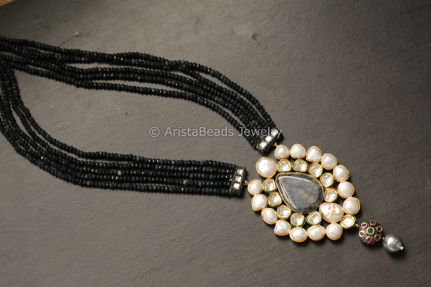 Kundan Baroque Pearls & Semiprecious Stone Necklace Set -Dark Gray