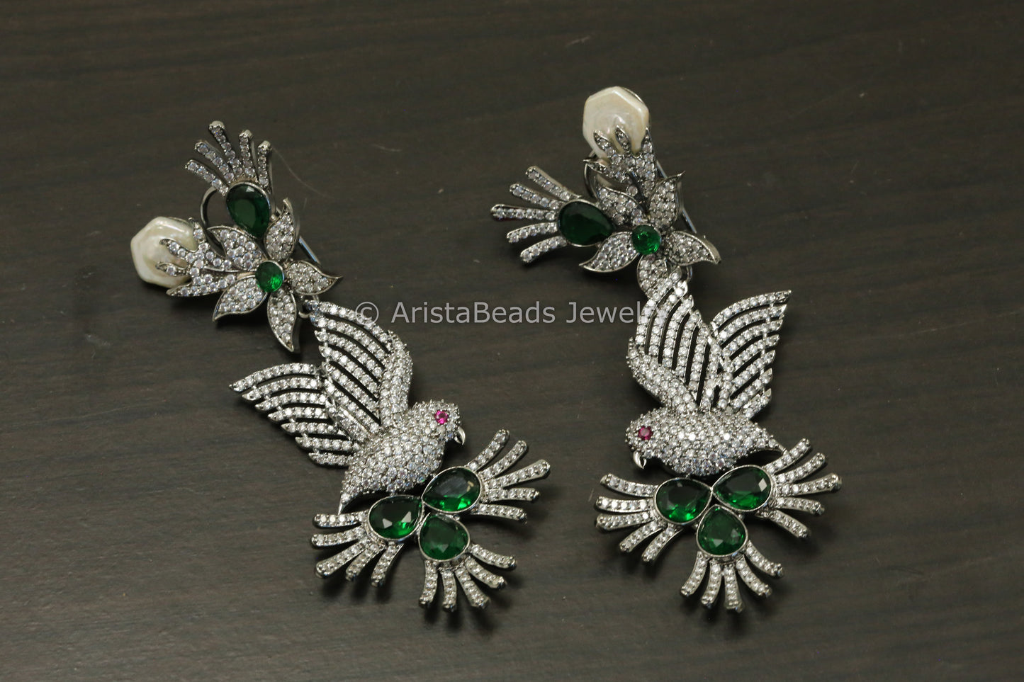Large Victorian CZ & Baroque Pearl Earrings- Green
