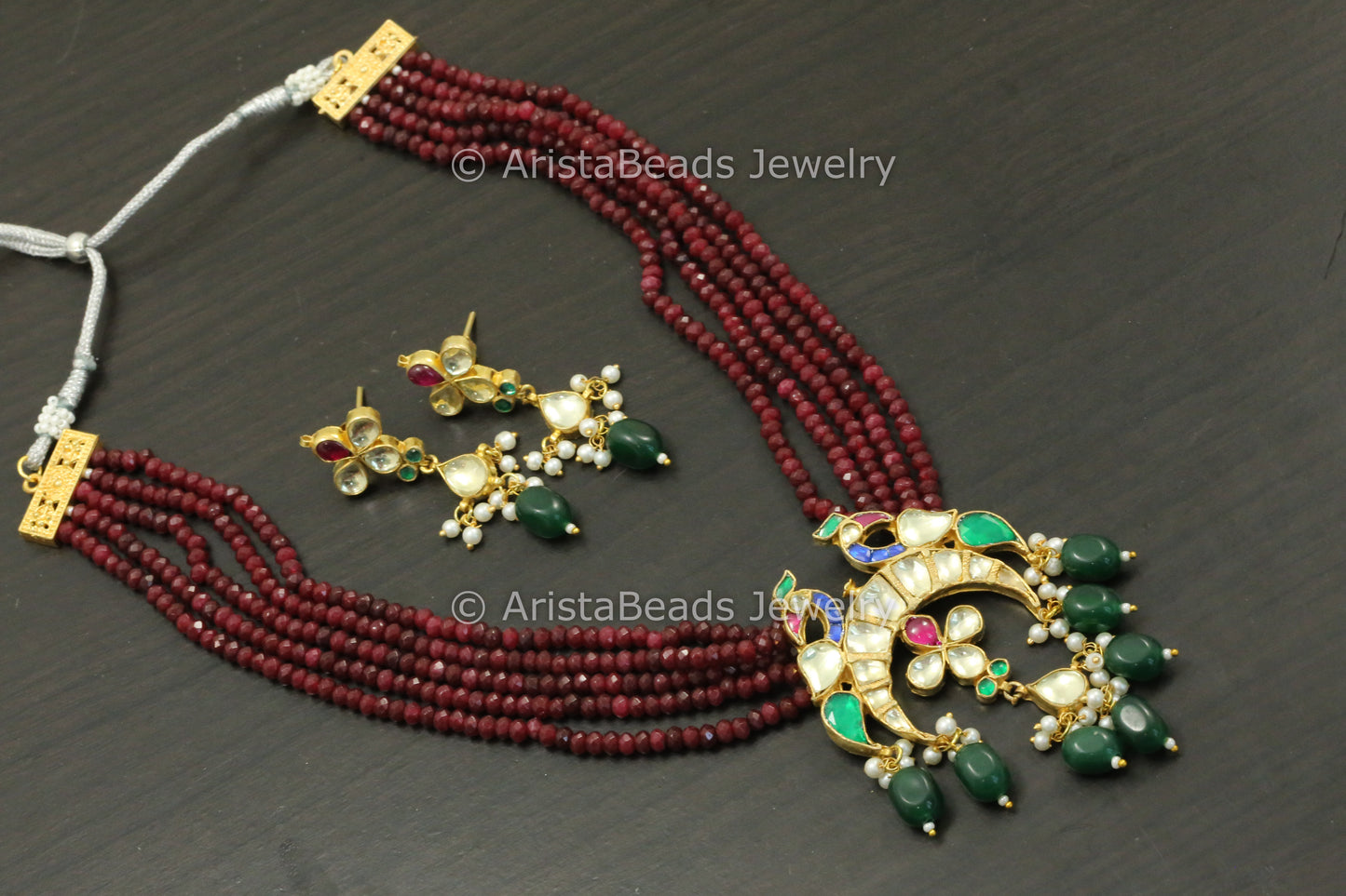 Pachi Kundan Necklace Set - Maroon Red