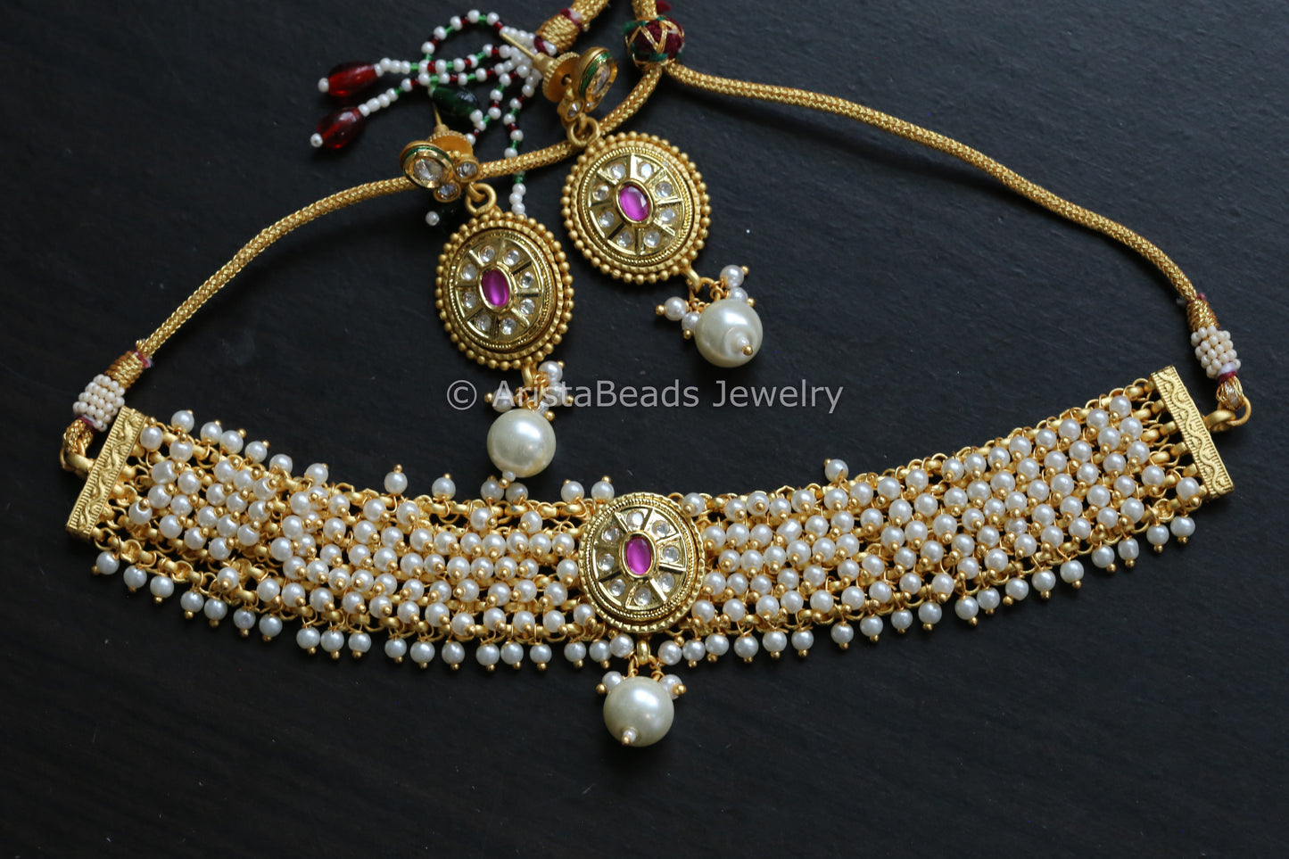 Gajra Style Pearl Necklace - Ruby