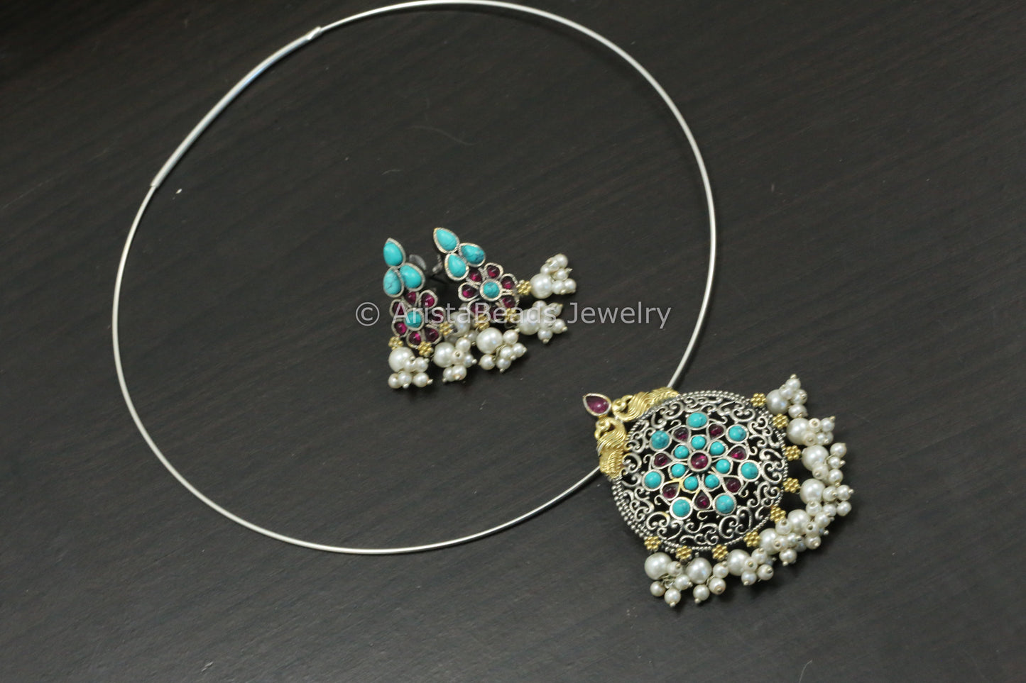 Silver Look Hasli Set - Turquoise Ruby