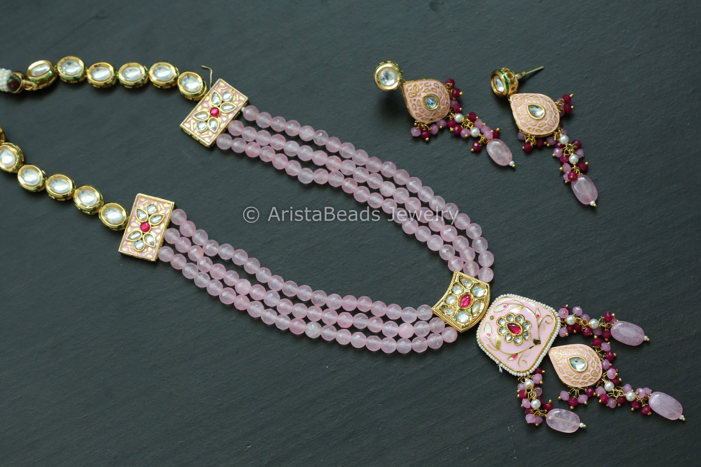 Kundan Meenakari Necklace Set -Pink
