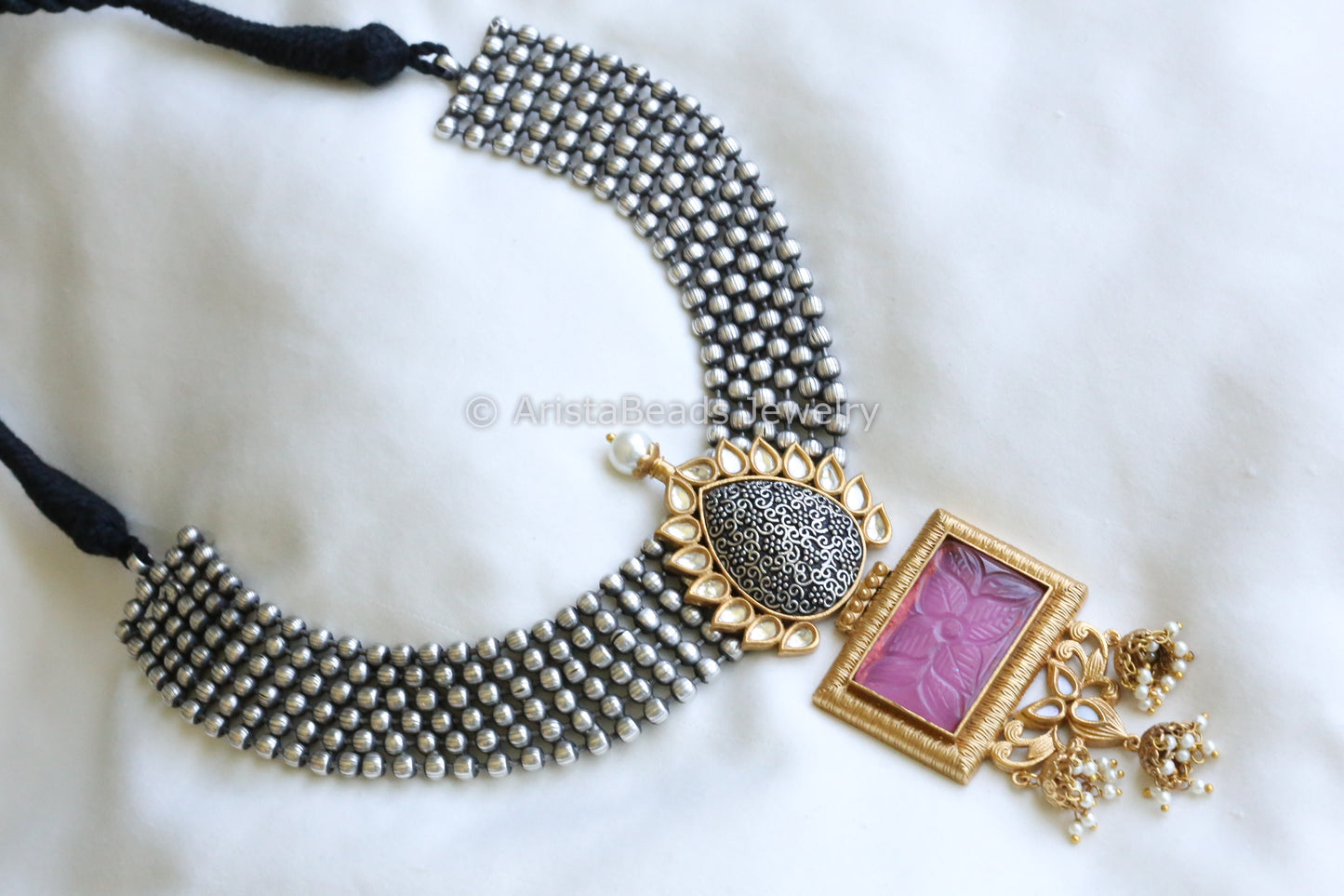 Handmade Dual Tone Kundan & Carved Stone Necklace - Pink