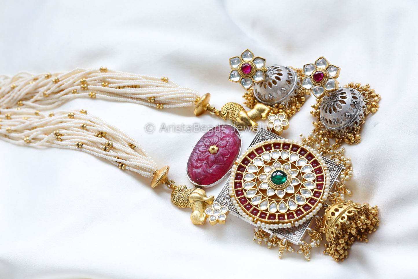 Real Silver Look Alike Kundan Necklace Set- Red