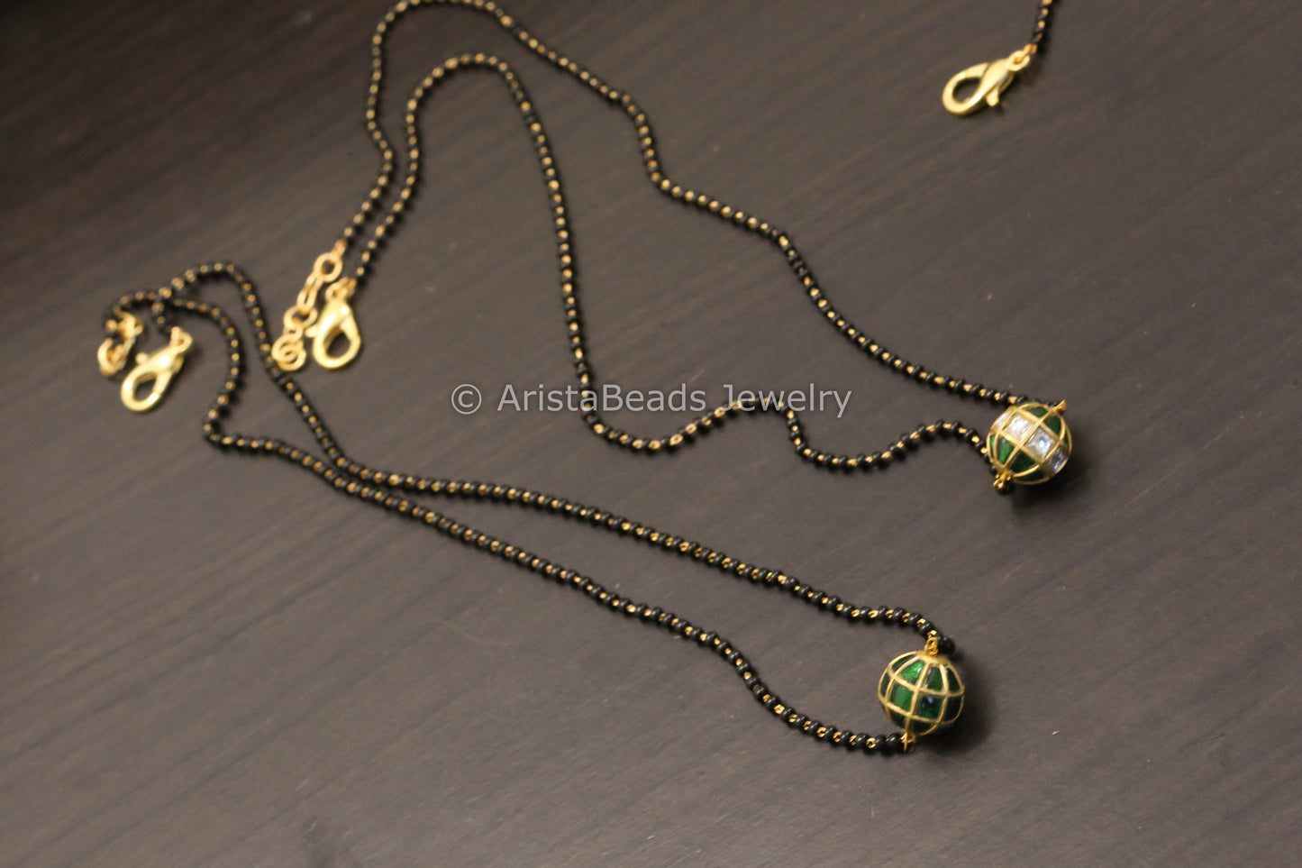 Jadau Black Bead Necklace - Green