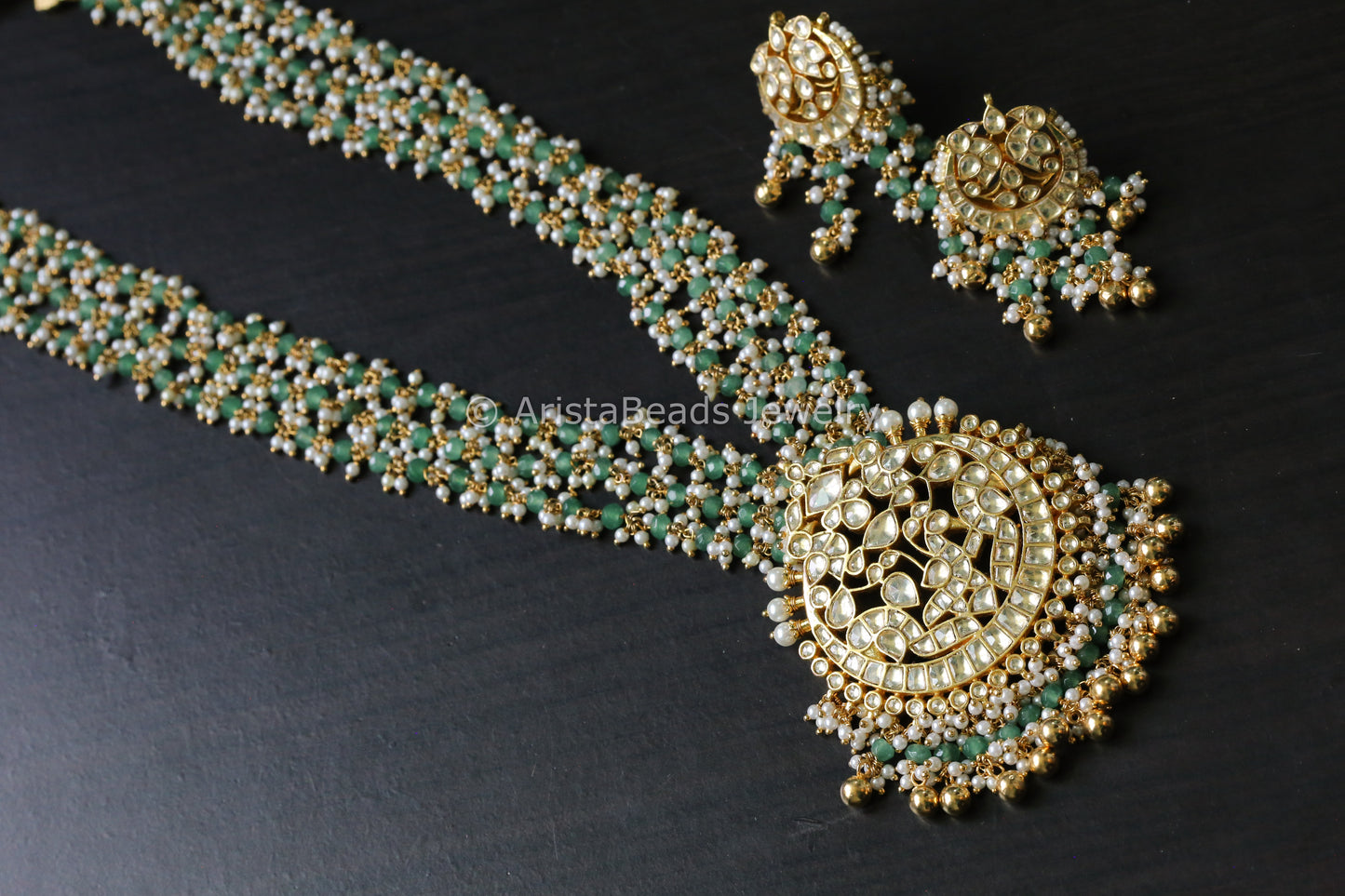Jadau Pachi Kundan Necklace Set - Green