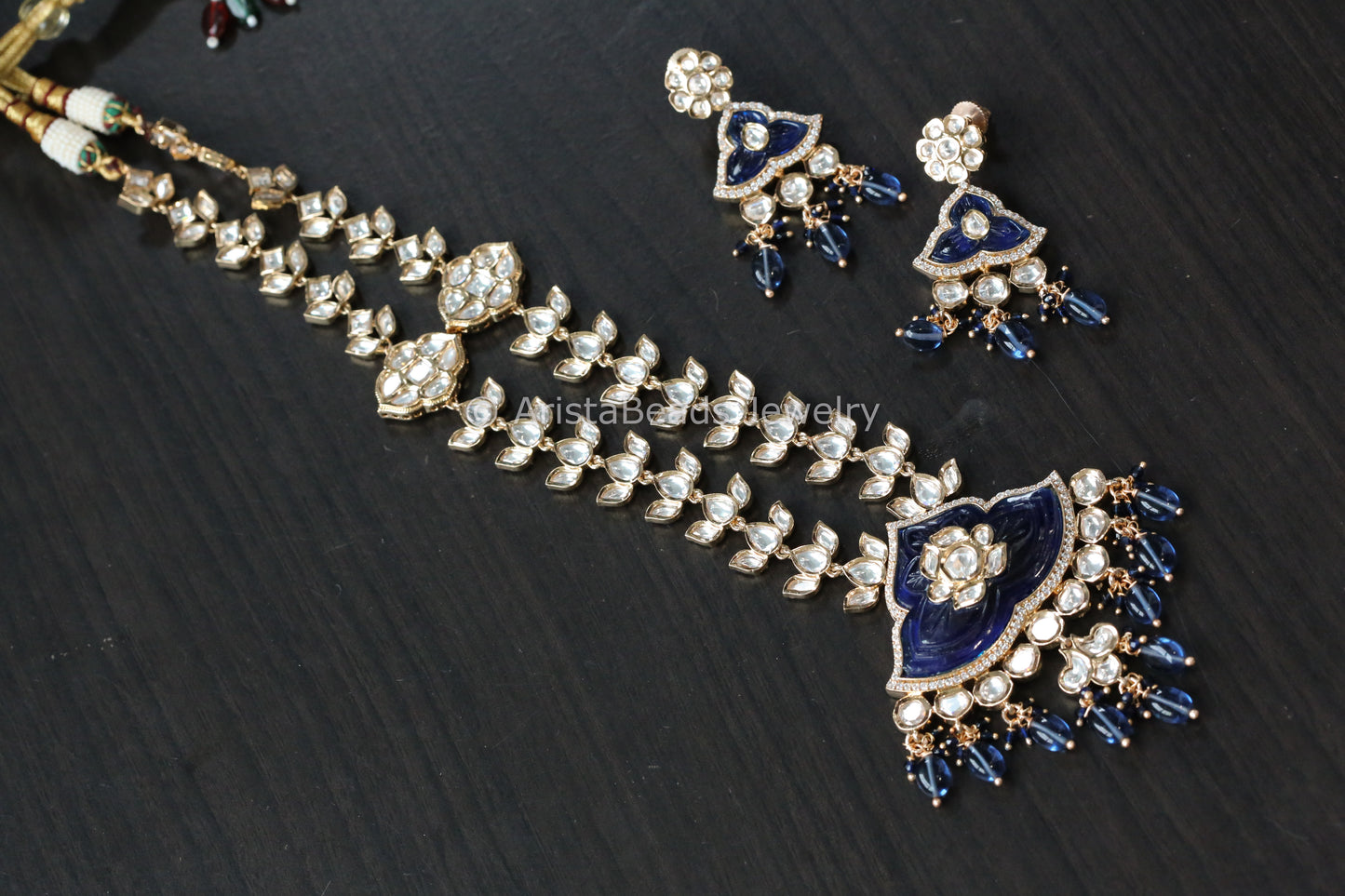 Next To Real Kundan Necklace Set - Blue Carved Stone