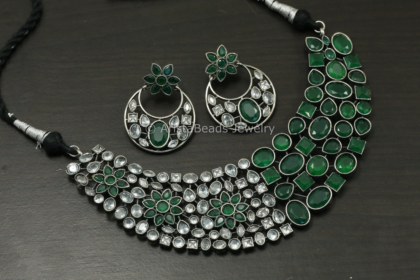 CZ & Monalisa Stones Necklace Set  - Green Clear