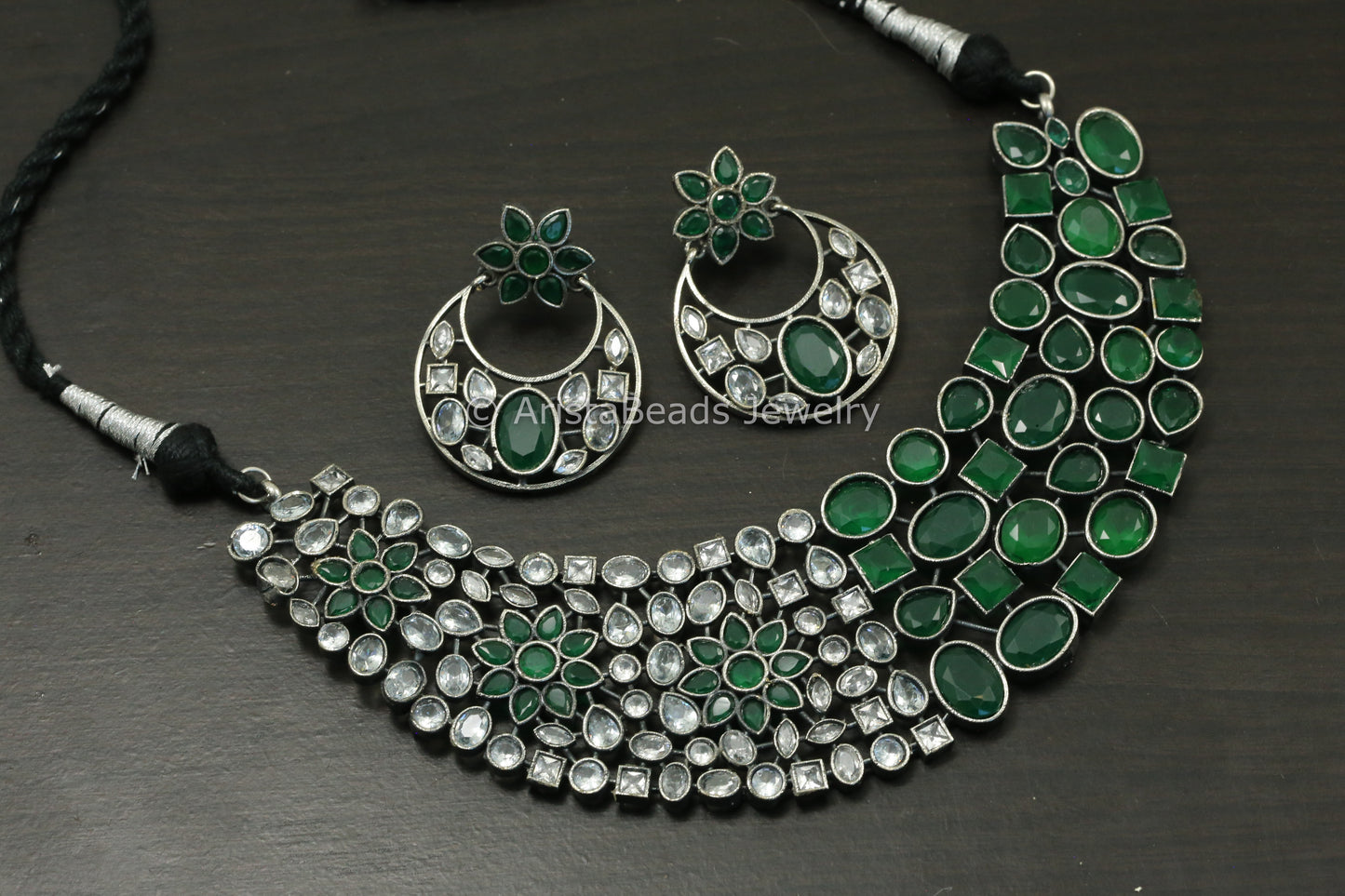 CZ & Monalisa Stones Necklace Set  - Green Clear