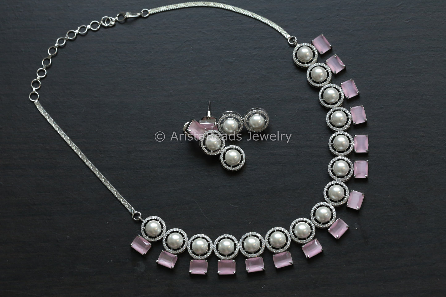 Premium Quality Pink CZ & Pearl Necklace Set