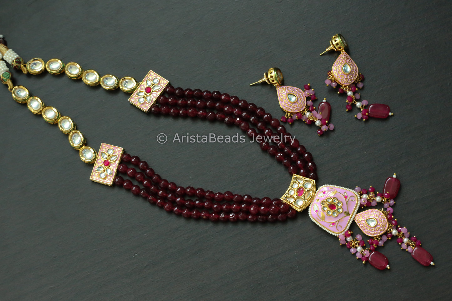 Kundan Meenakari Necklace Set -Pink Red