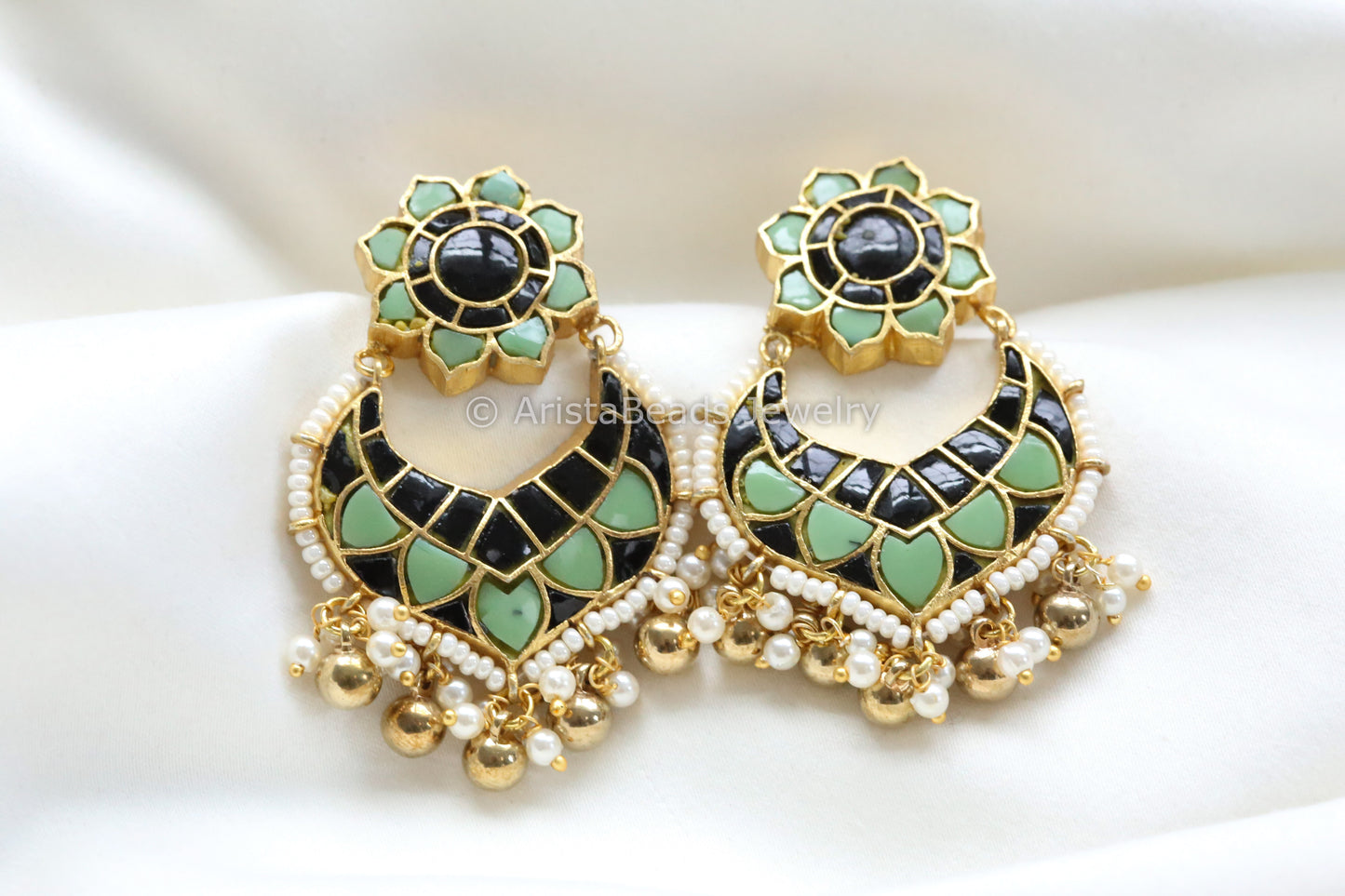 Jadau Kundan Earrings - Green Turquoise & Black Onyx