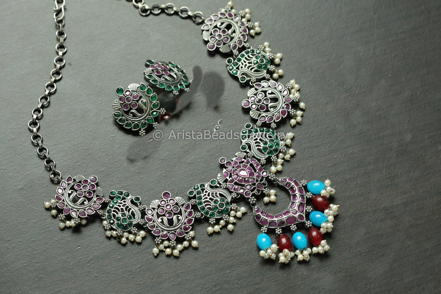 Oxidized Peacock Emerald Ruby CZ Necklace Set