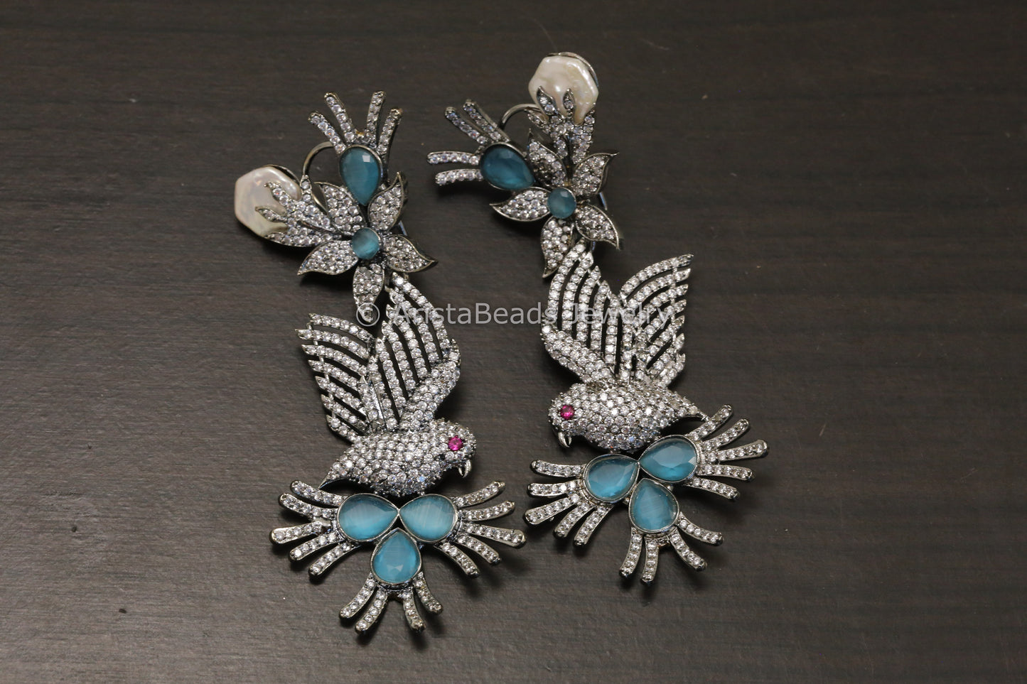 Large Victorian CZ & Baroque Pearl Earrings- Ice Blue