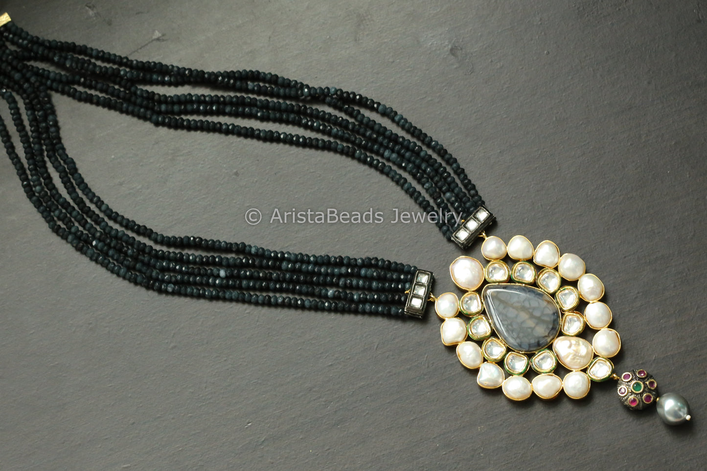 Kundan Baroque Pearls & Semiprecious Stone Necklace Set -Dark Gray