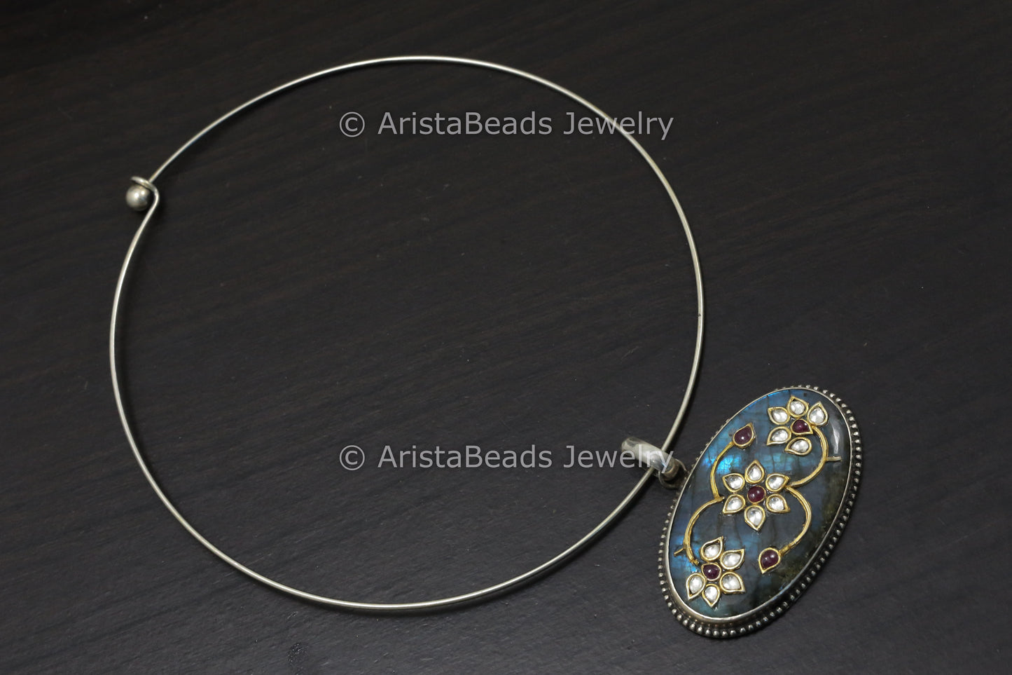 Contemporary 925 Silver Jadau Inlay Work Hasli Necklace - Labradorite