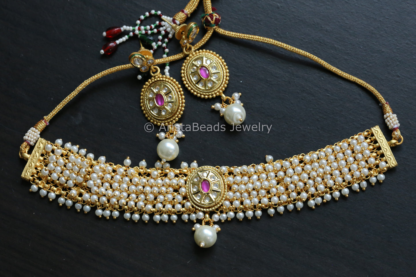 Gajra Style Pearl Necklace - Ruby