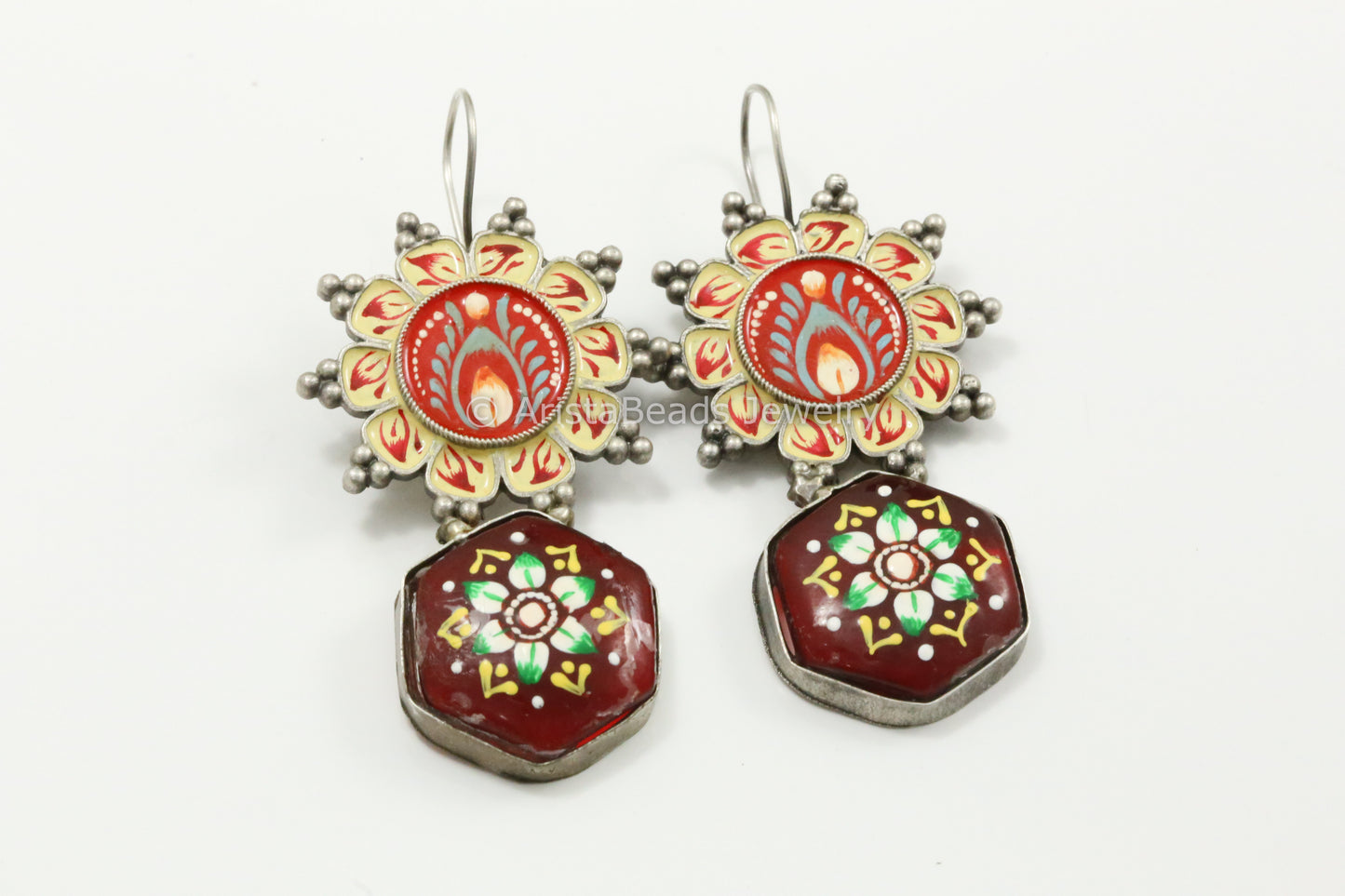 Enamel & Tanjore Work Earrings - Red