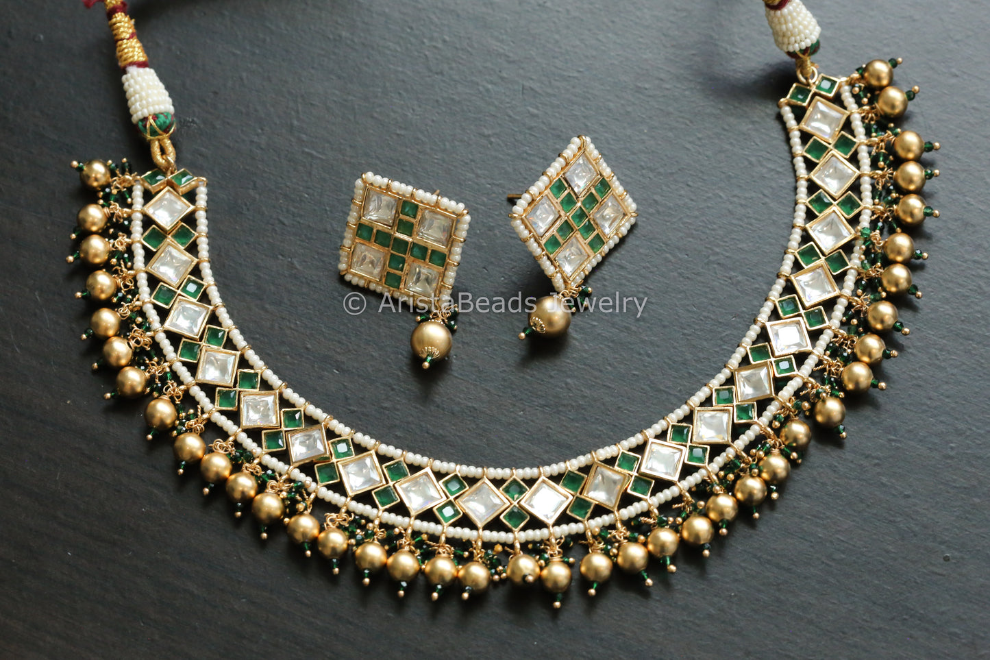Premium Kundan & CZ Necklace Set  - Clear Green