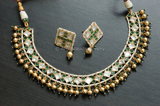 Premium Kundan & CZ Necklace Set  - Clear Green