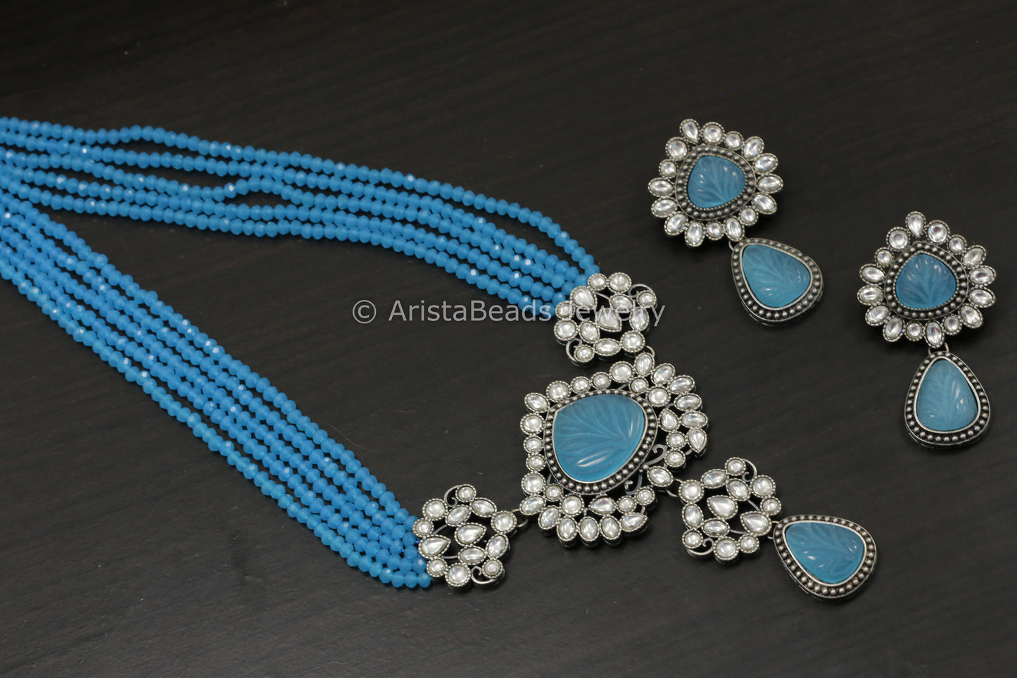 Ice Blue Carved Stone Necklace Set