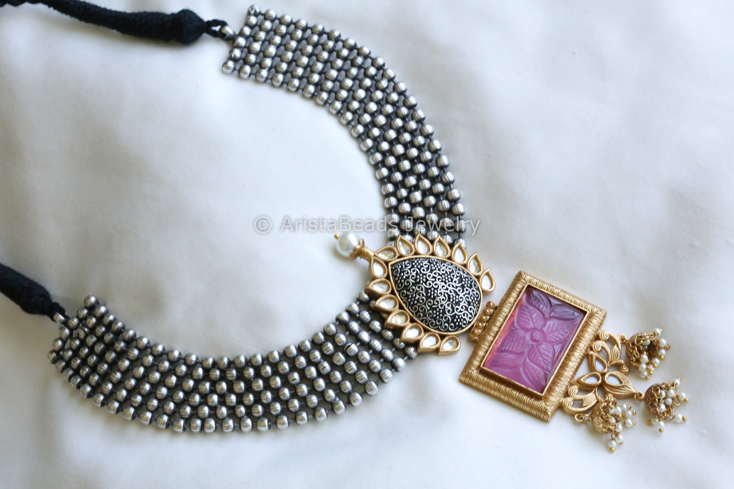 Handmade Dual Tone Kundan & Carved Stone Necklace - Pink