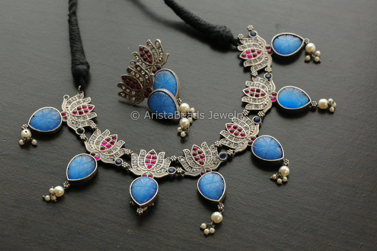 Oxidized Carved Stone Lotus Necklace Set - Blue