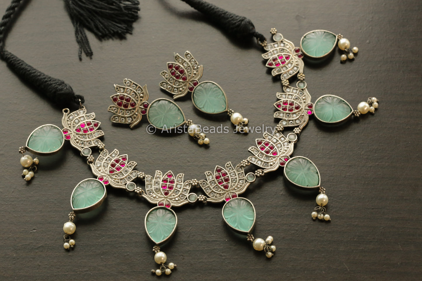 Oxidized Carved Stone Lotus Necklace Set - Mint