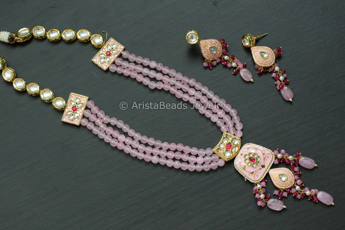 Kundan Meenakari Necklace Set -Pink