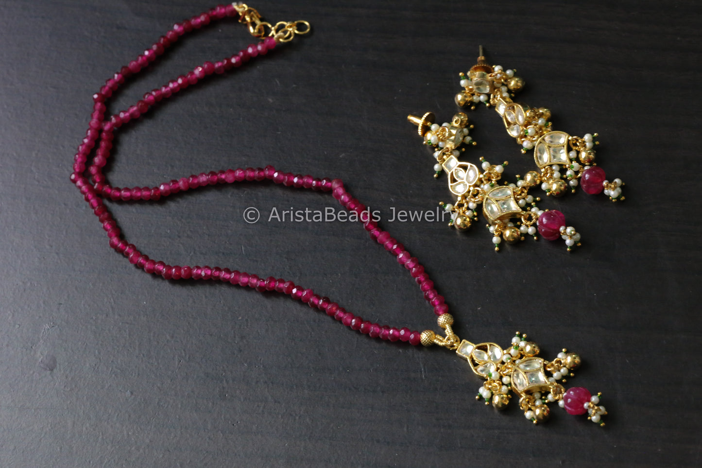 Dainty Pachi Kundan Necklace Set- Ruby Beads