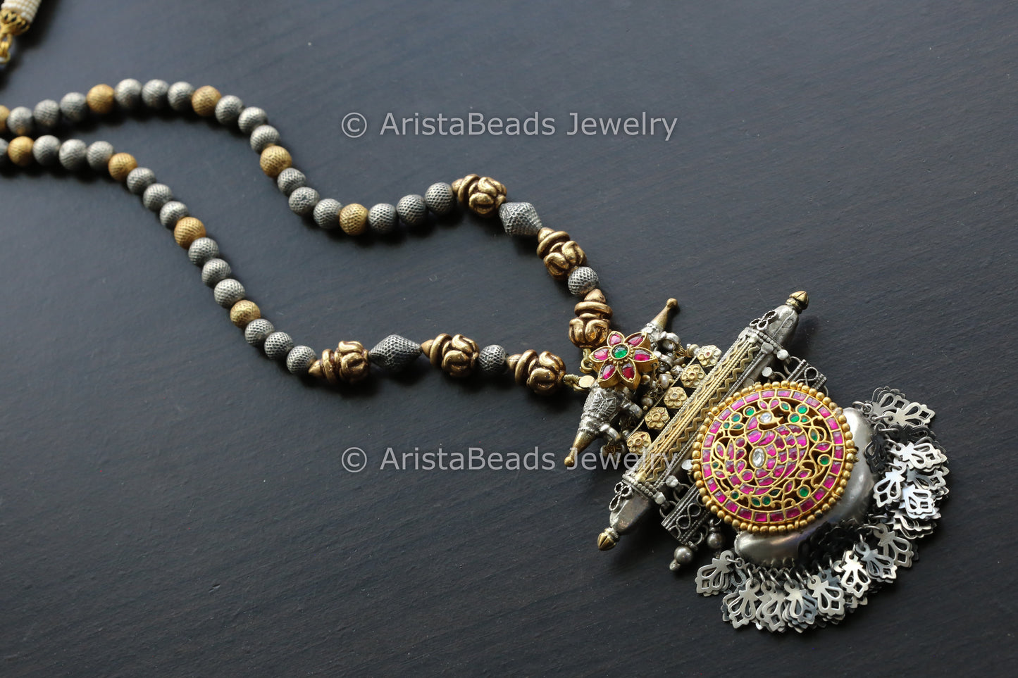 925 Silver Jadau Kundan Beaded Necklace