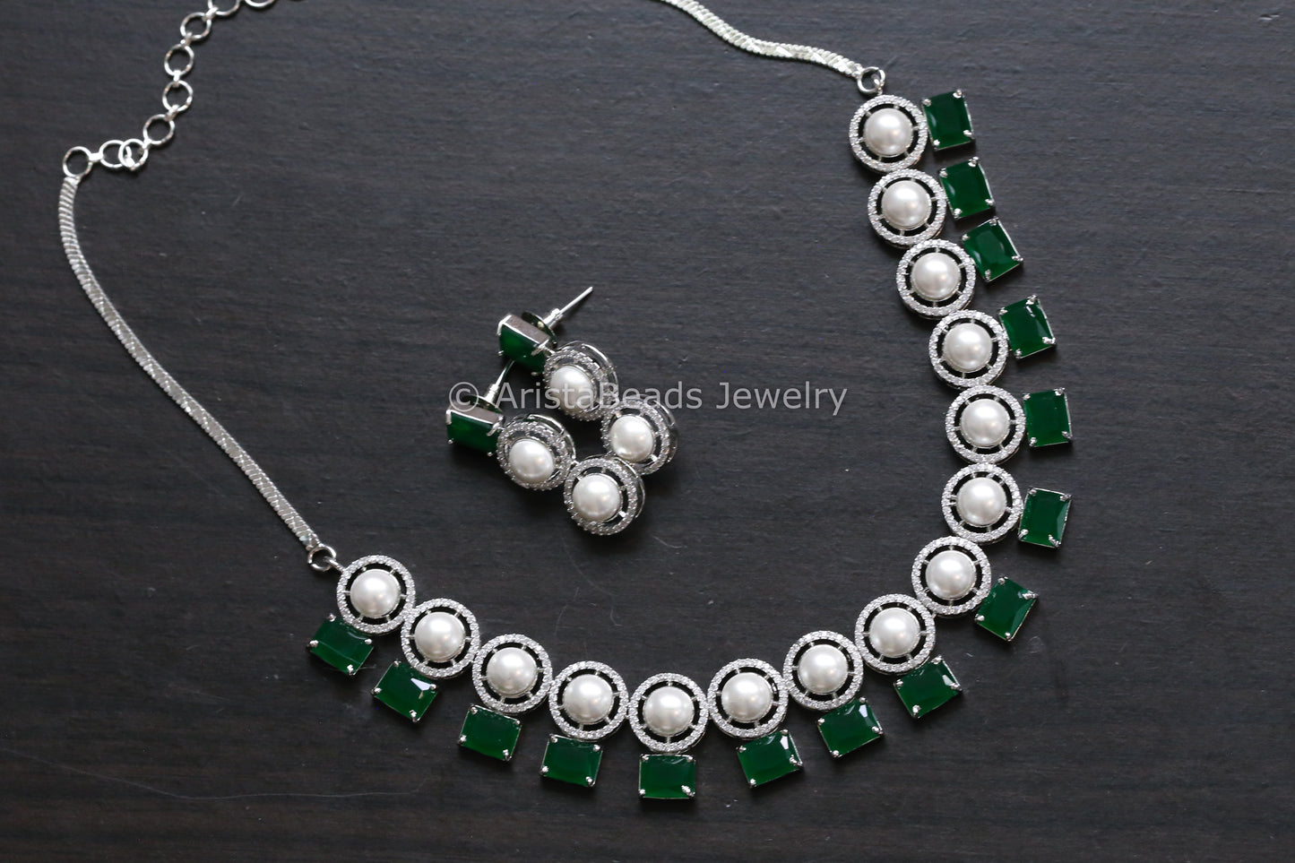 Premium Quality Green CZ & Pearl Necklace Set
