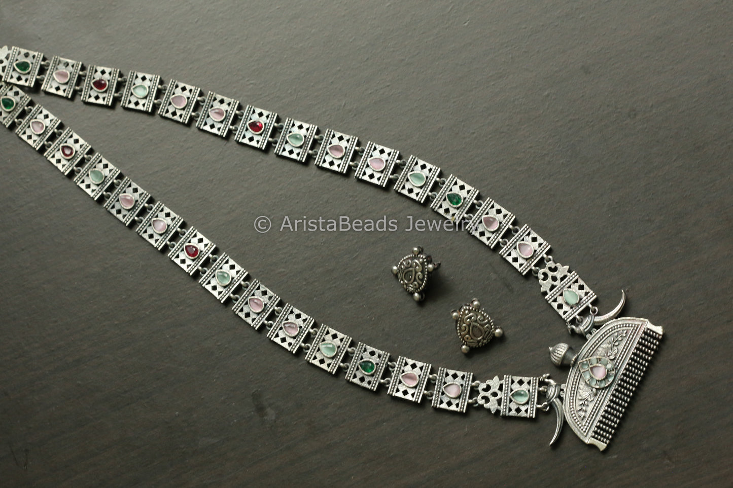 Pink Mint Silver Replica Oxidized Necklace Set