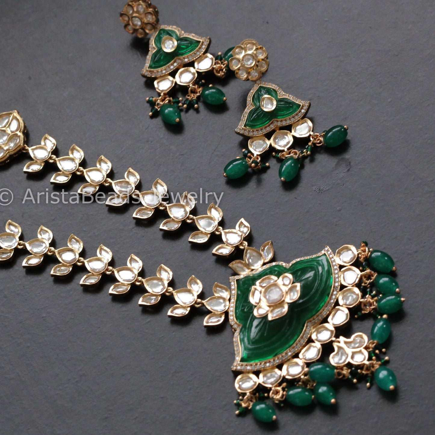 Next To Real Kundan Necklace Set - Green Carved Stone